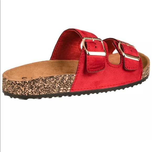 Red Faux Suede Dbl Buckle Platform Slide Sandals - Picture 3 of 4